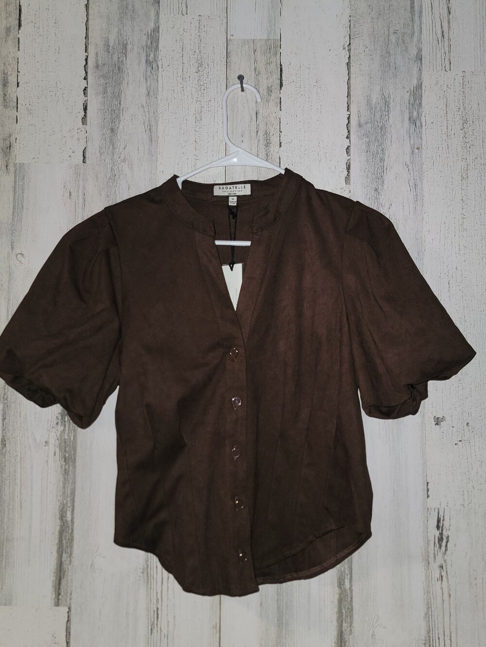 Bagatelle Chocolate Brown Puff-Sleeve Button Blouse Nwt